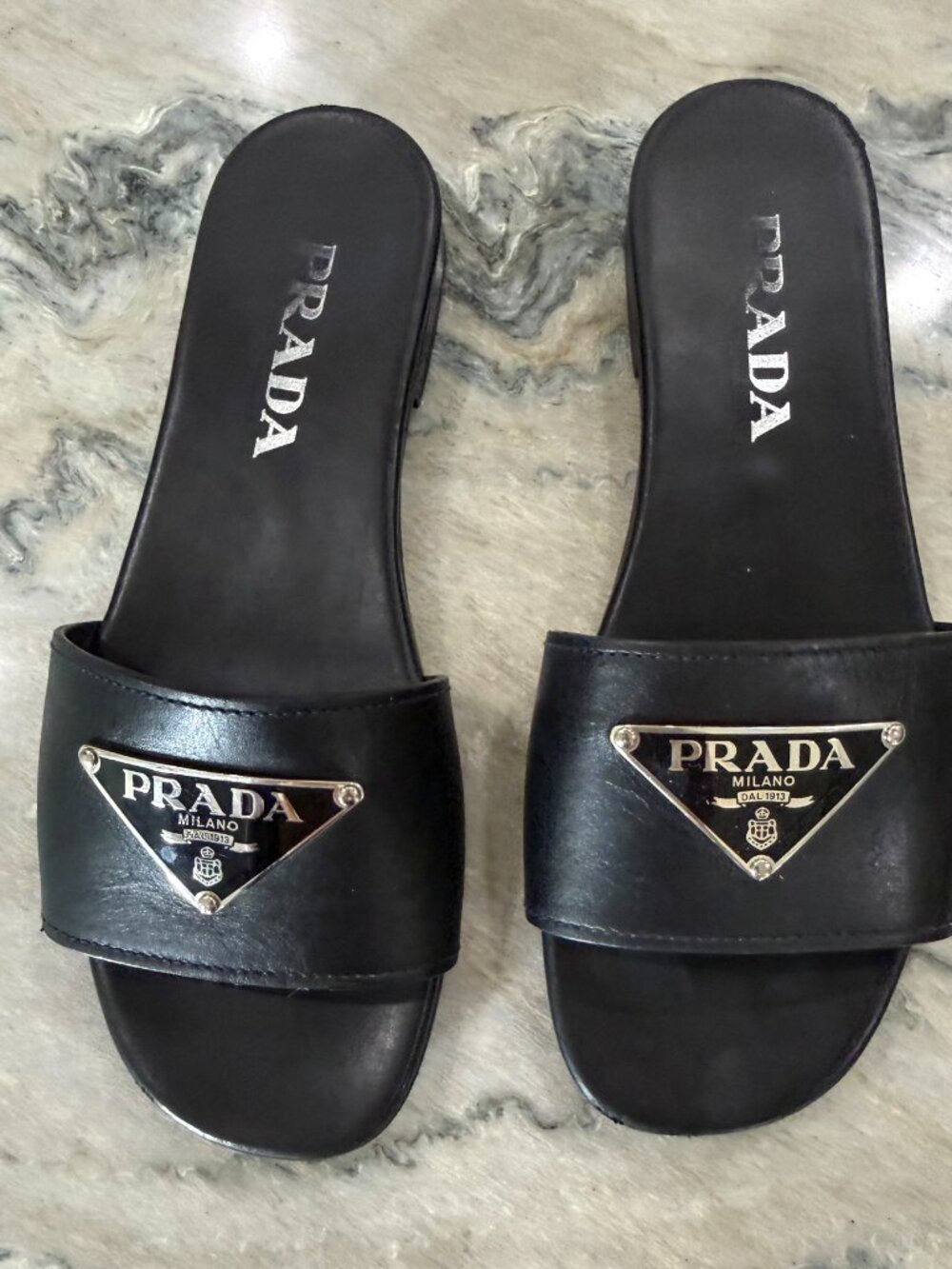 Prada Black Leather Triangle Logo Slide Sandals Size 36 Made in Italy
